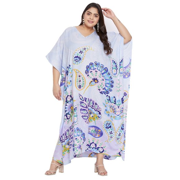 Women Plus Size Fit and Flare Paisley Printed White Kaftan Dress by Gypsie Blu - Picture 3 of 8